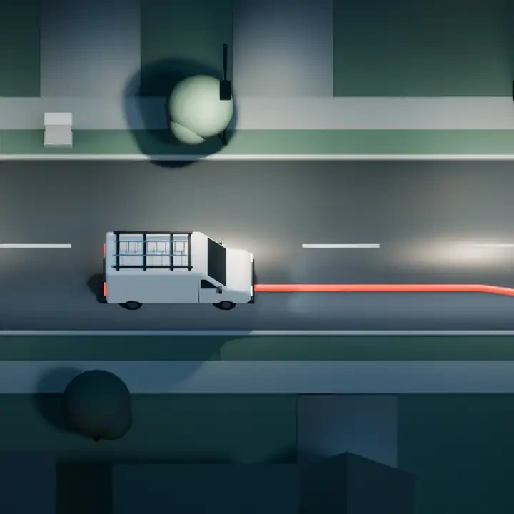 Illustration: a white work van with its headlights on, driving a lit street at night