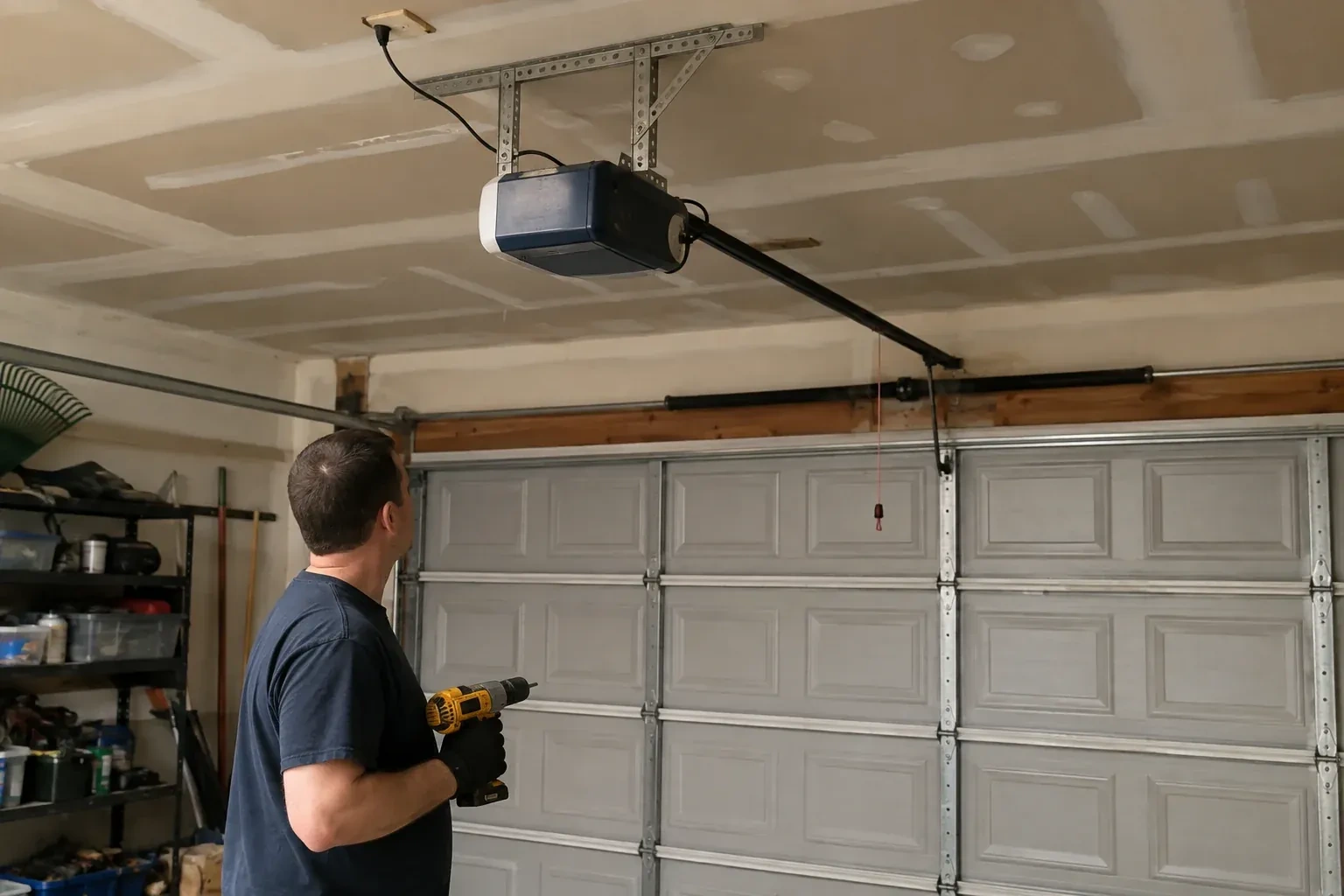 Illustrative garage doors scene; not an actual job — Chain-Drive Opener Repair, Waterloo