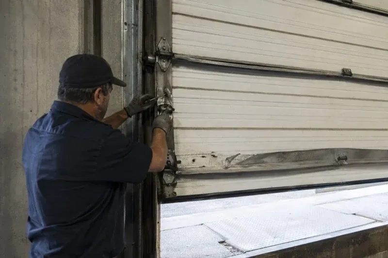 Person holding tools at the side hinge of a partly raised industrial sectional door — Commercial Sectional Door Repair, Waterloo