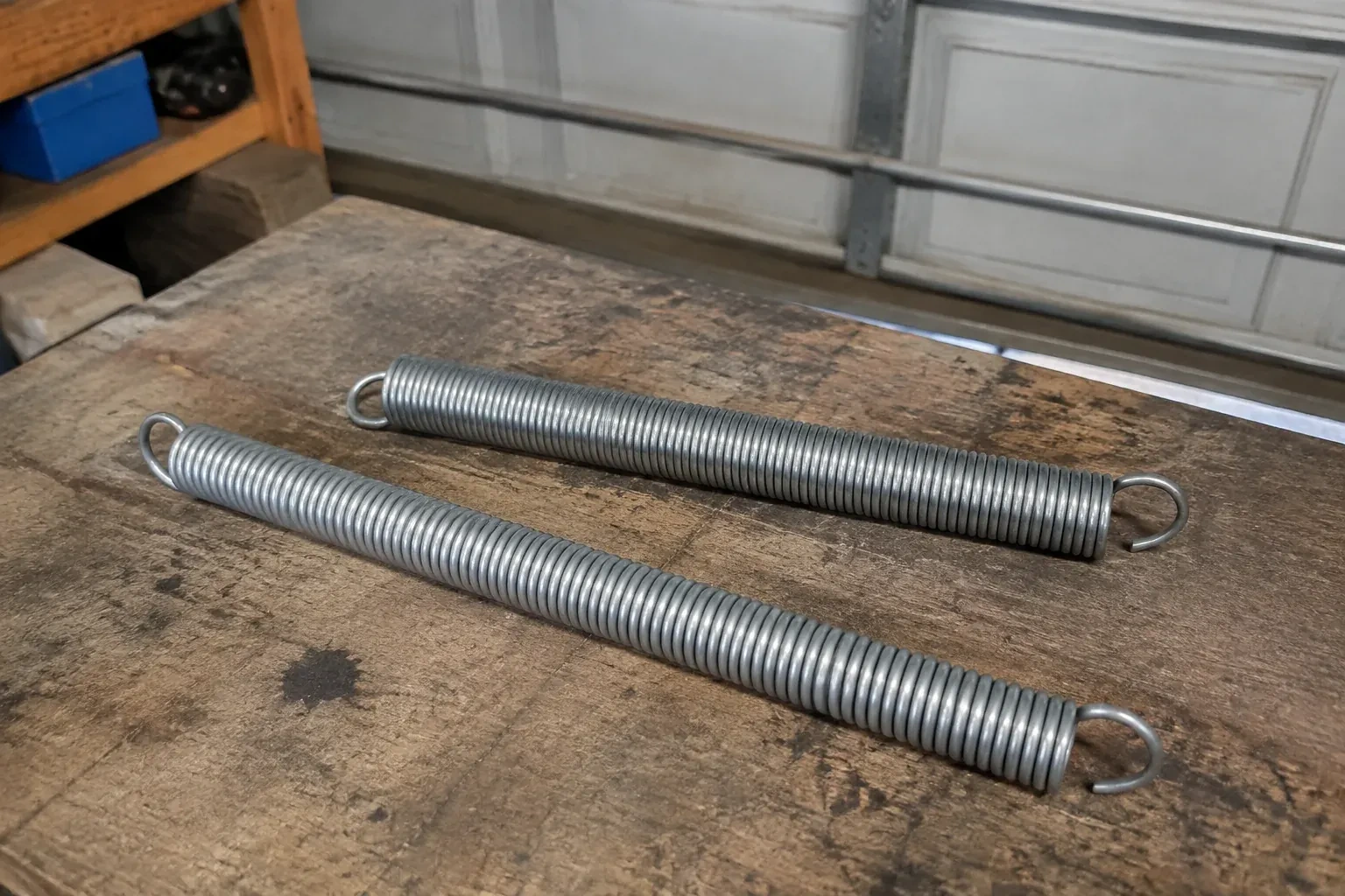 Two detached extension springs with hooked ends on a garage bench. — Extension Spring Replacement, Waterloo
