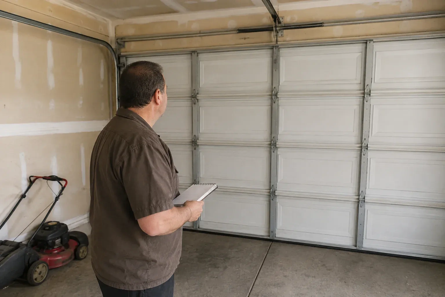 Technician holding a notebook while looking at a closed sectional door. — Garage Door Balance Adjustment, Waterloo