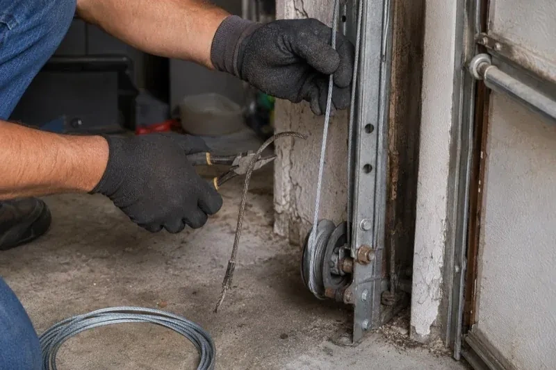 Gloved hands holding a bright cable and pliers gripping a frayed cable beside a garage-door track and pulley. — Garage Door Cable Replacement, Waterloo