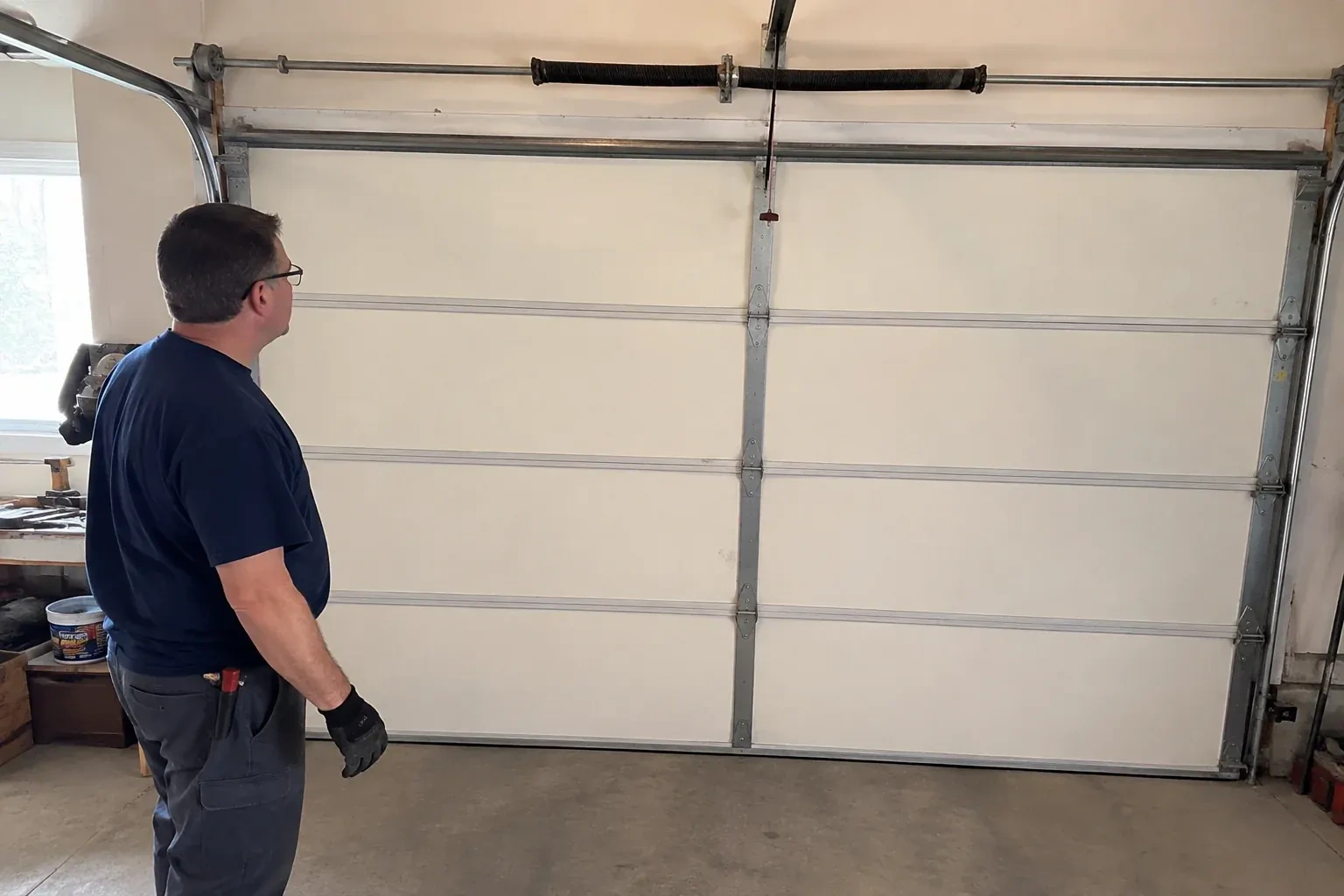 Illustrative garage doors scene; not an actual job — Off-Track Garage Door Reset, Waterloo