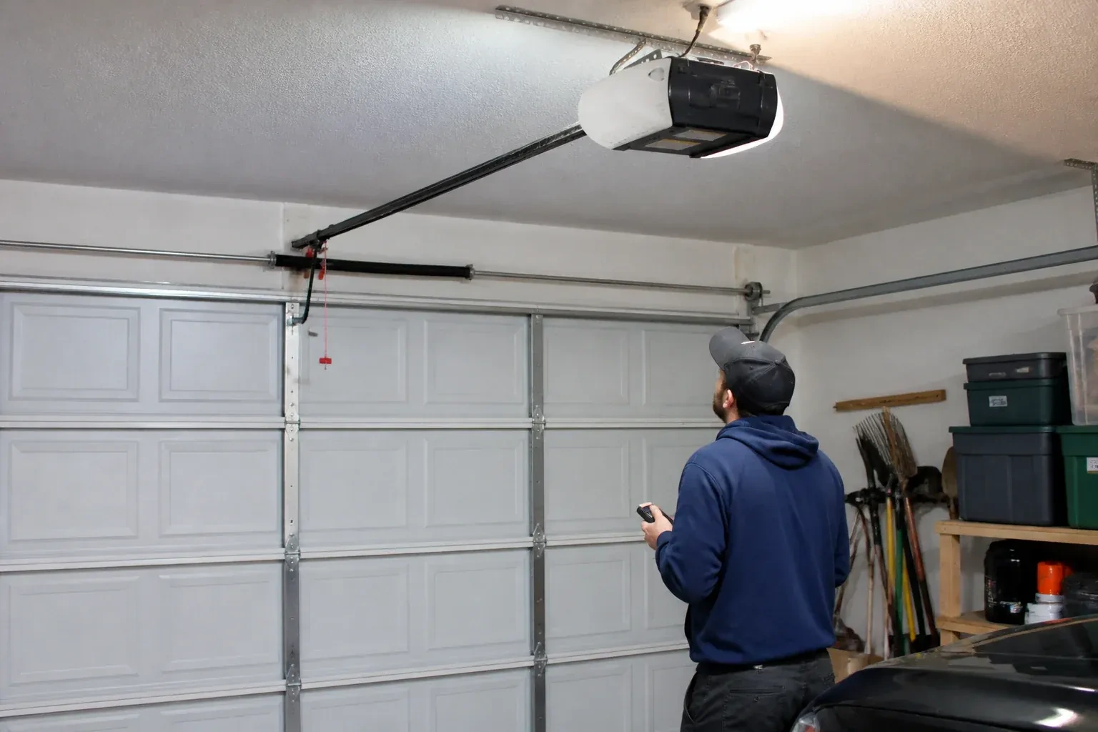 A person holding a remote looks toward an overhead garage-door opener and rail. — Garage Door Opener Diagnosis and Repair, Waterloo