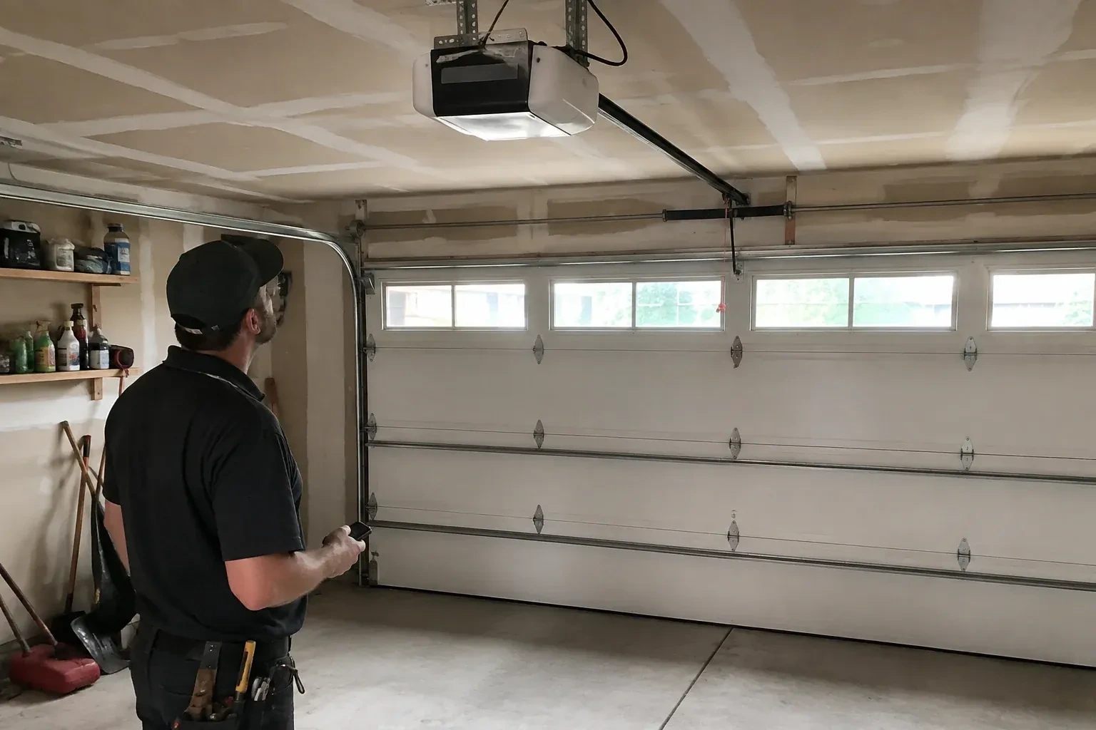 A person looks at an overhead opener above a closed garage door with a row of windows. — Garage Door Opener Replacement, Rummelhardt