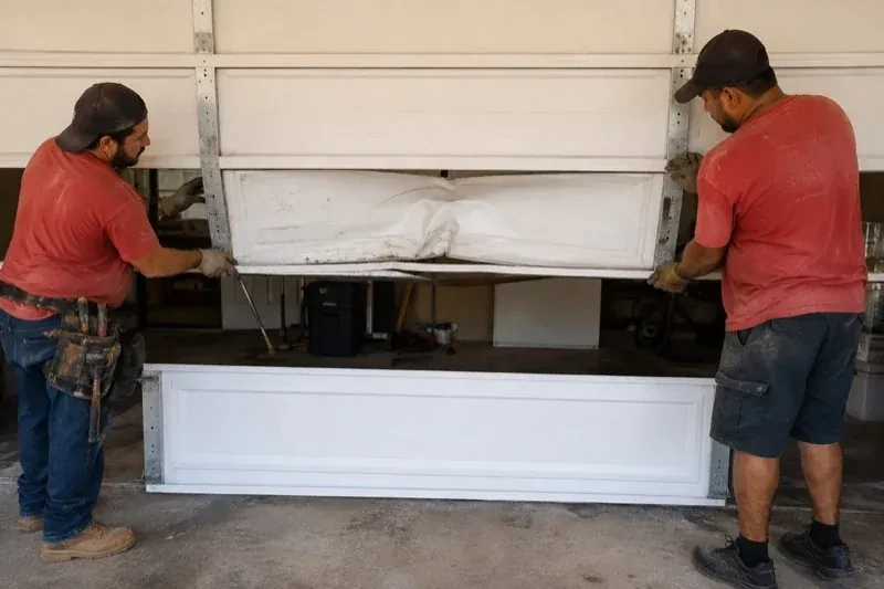 Two people holding a dented lower garage-door section above a separate white panel resting on the ground. — Garage Door Panel Replacement, Waterloo