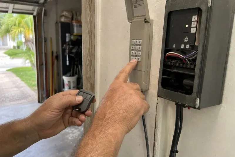 Hands holding a small remote and pressing a wall-mounted keypad beside an open control box with visible wiring. — Garage Door Remote and Keypad Programming, Waterloo