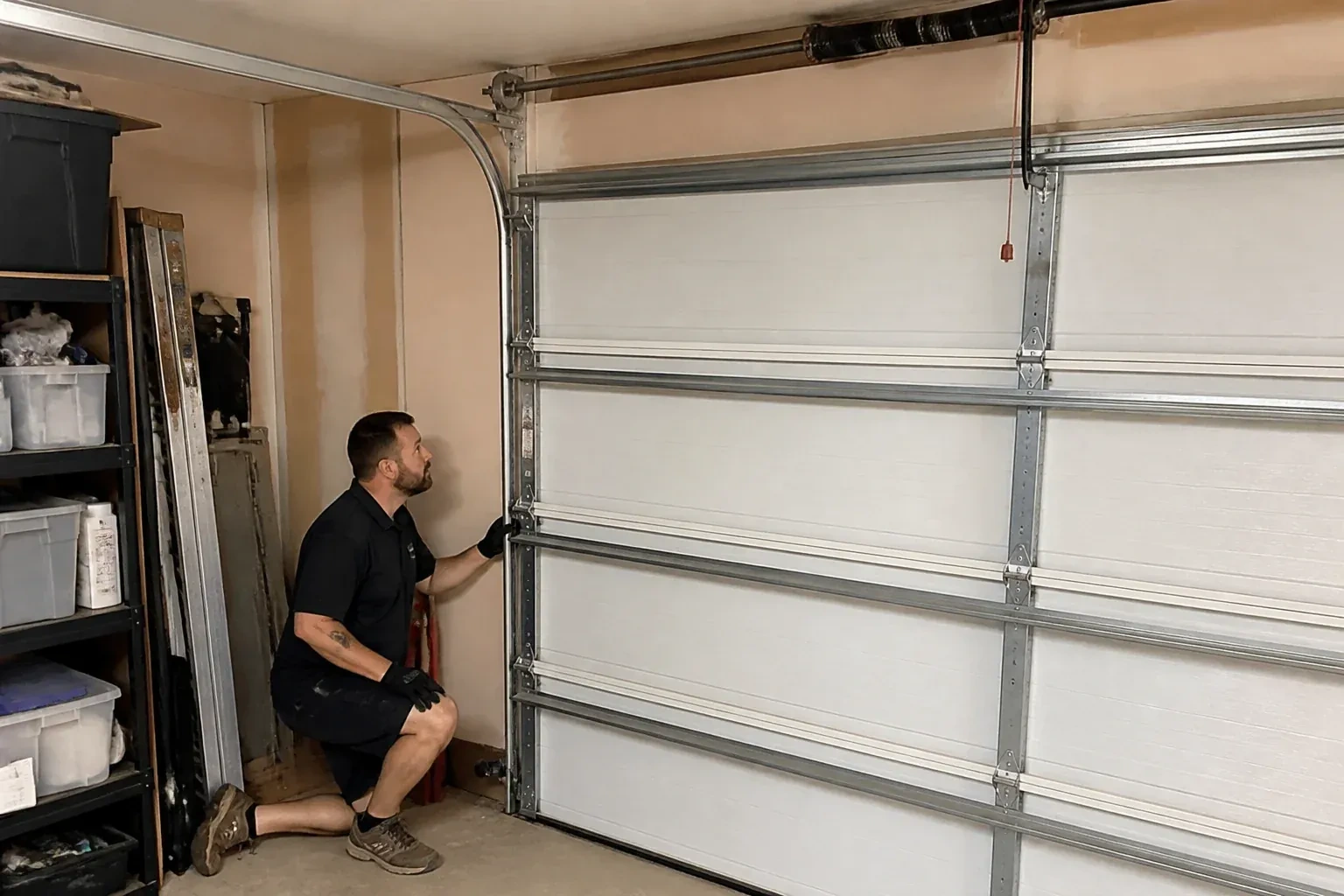 A person examines the vertical side track of a closed garage door. — Garage Door Track Repair or Replacement, Waterloo