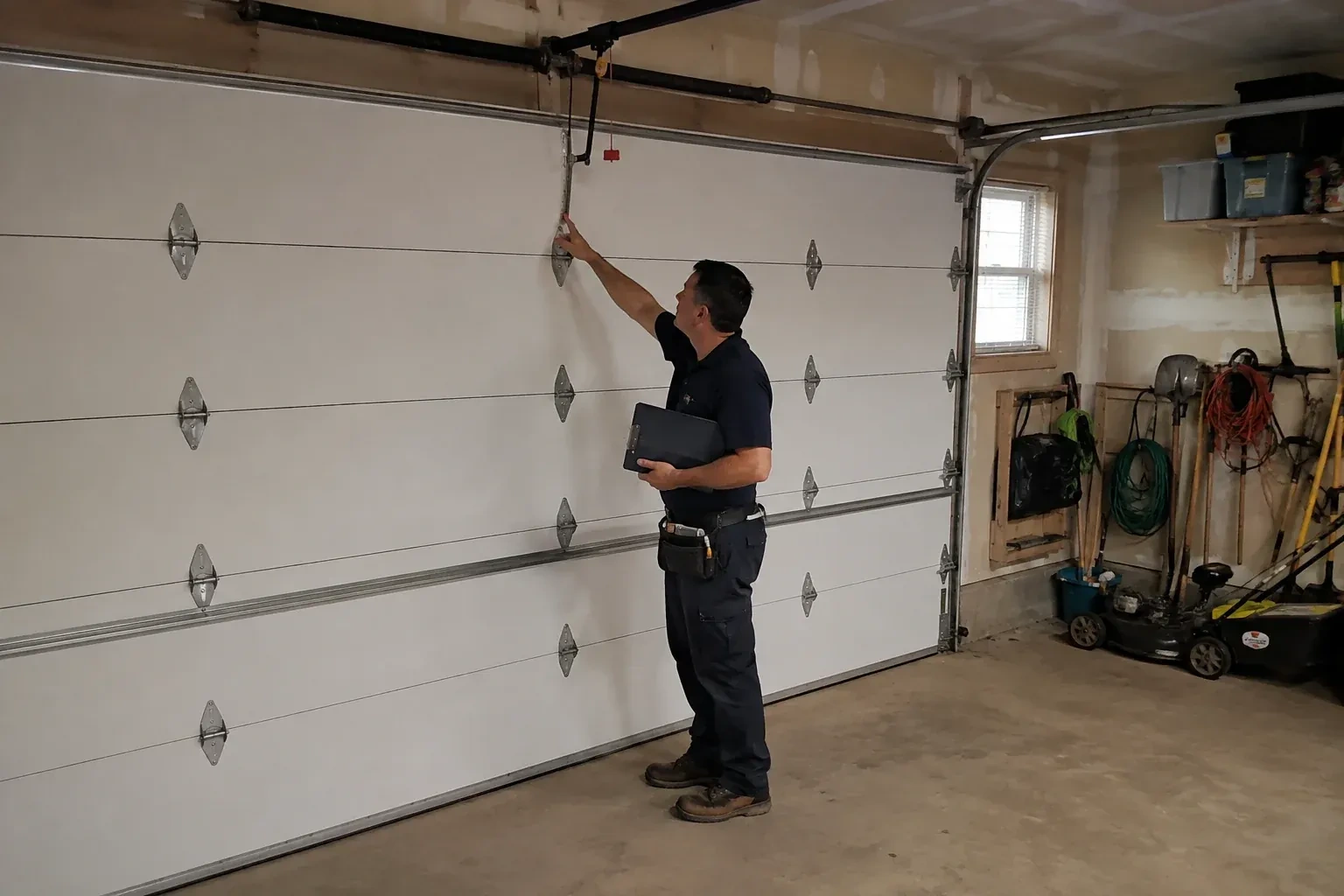 A person holding a clipboard examines the interior hardware of a closed garage door. — Garage Door Tune-Up, Waterloo