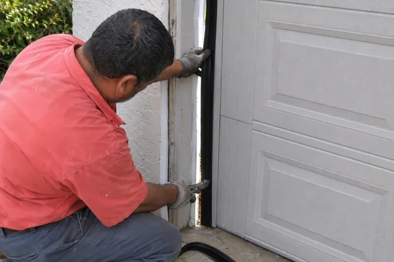 Gloved person holding a black strip along the side of a sectional garage-door opening — Garage Door Perimeter Weatherstrip, Waterloo