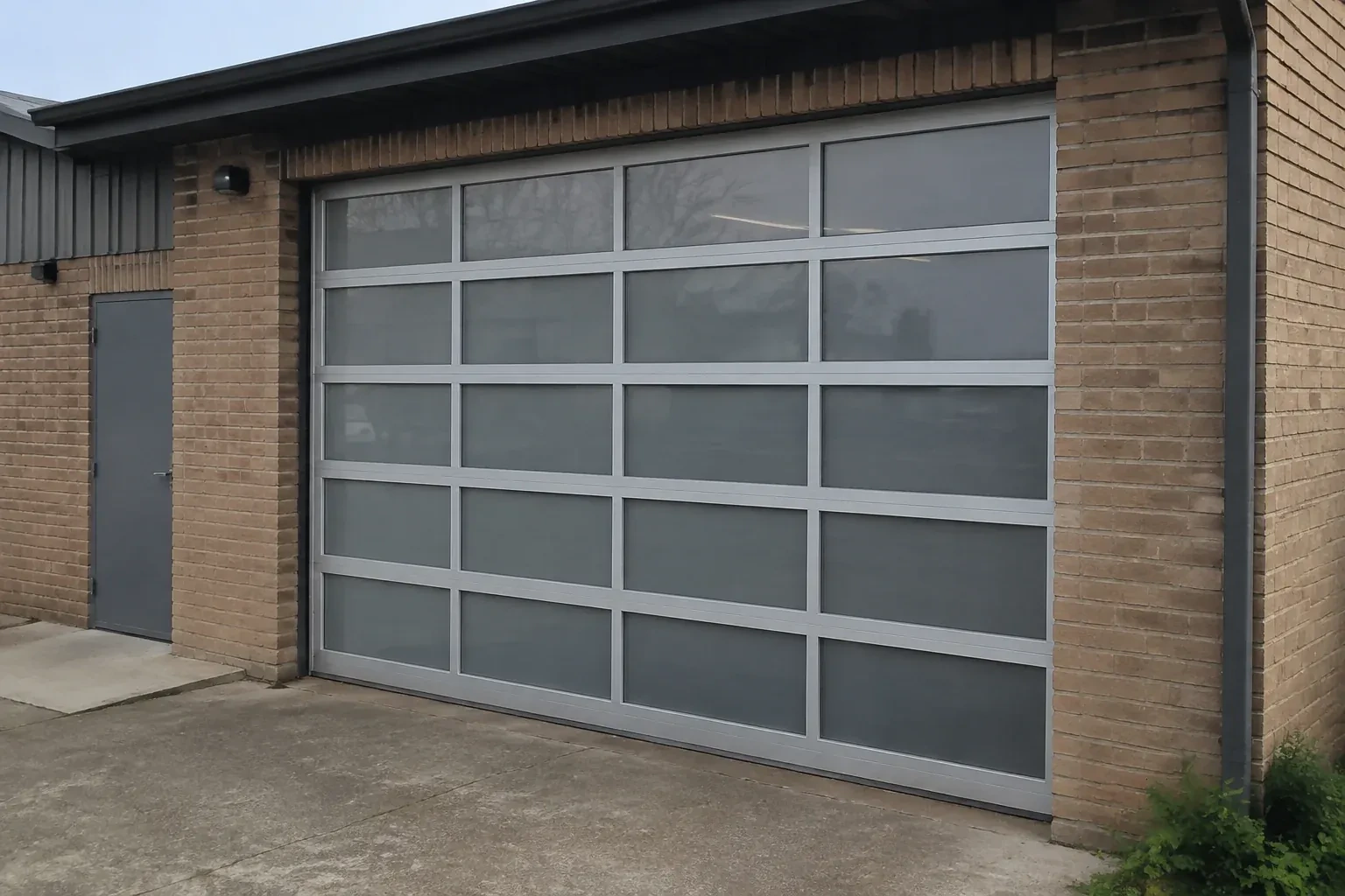 Closed glazed sectional door in a grey metal frame at a brick workshop. — Full-View Glass Garage Door Installation, Waterloo