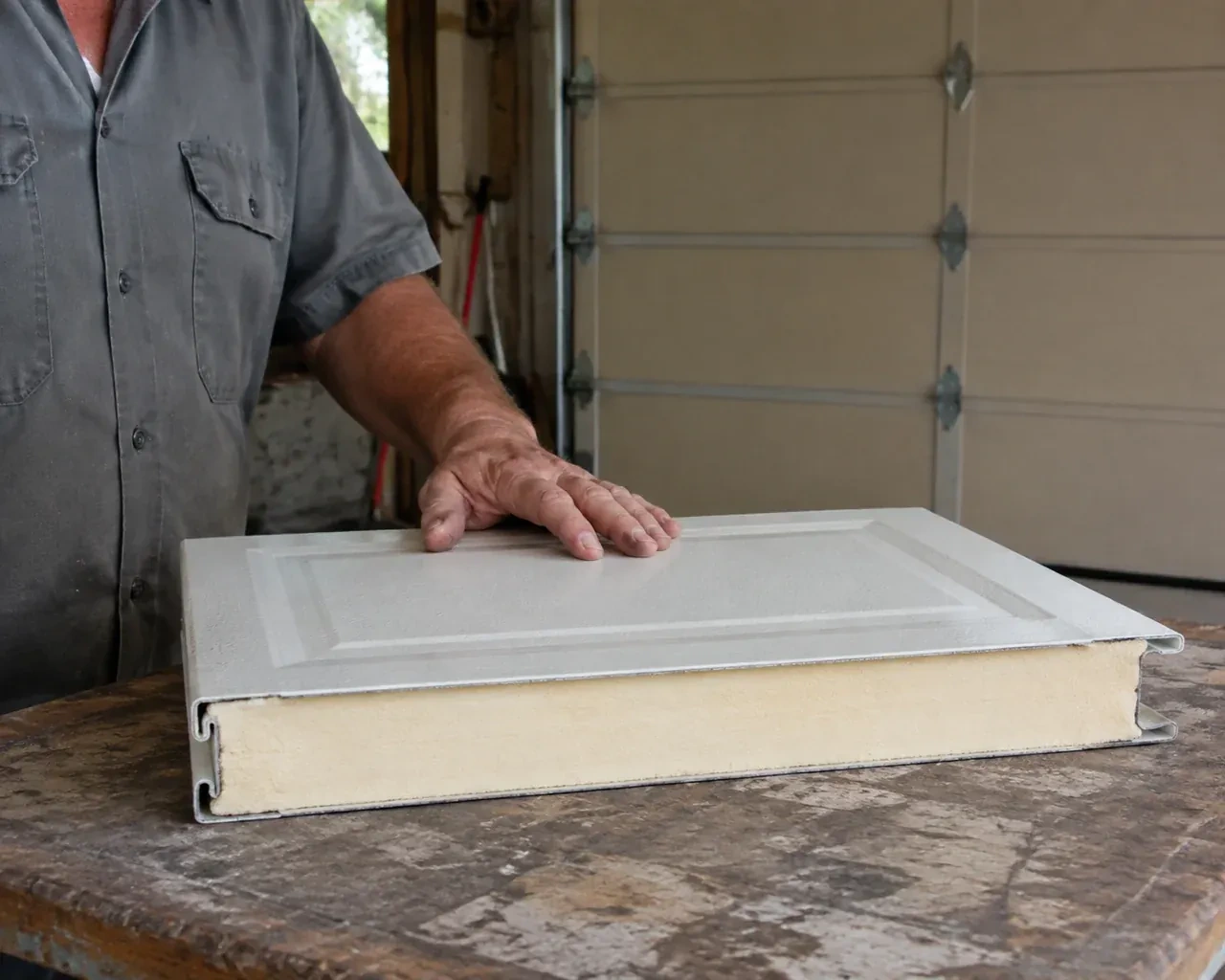 A panel sample exposes a cream foam core between thin metal faces on a garage workbench. — Insulated Steel Garage Door Installation, Waterloo
