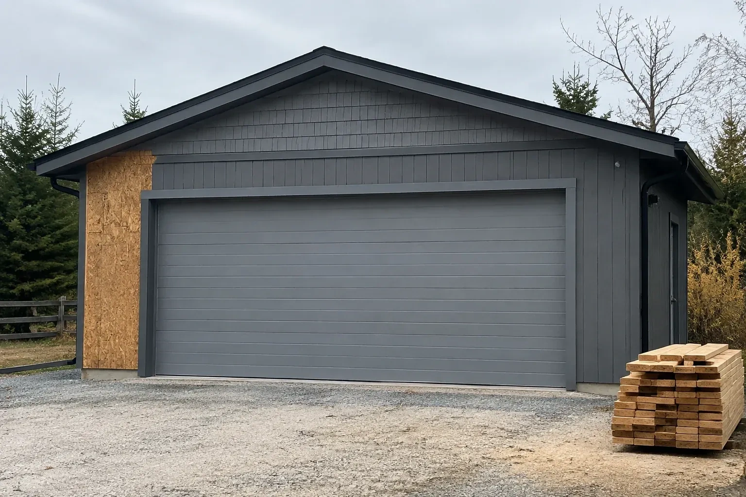 Closed grey garage door on a partly finished building beside stacked lumber. — New-Construction Garage Door Installation, Waterloo