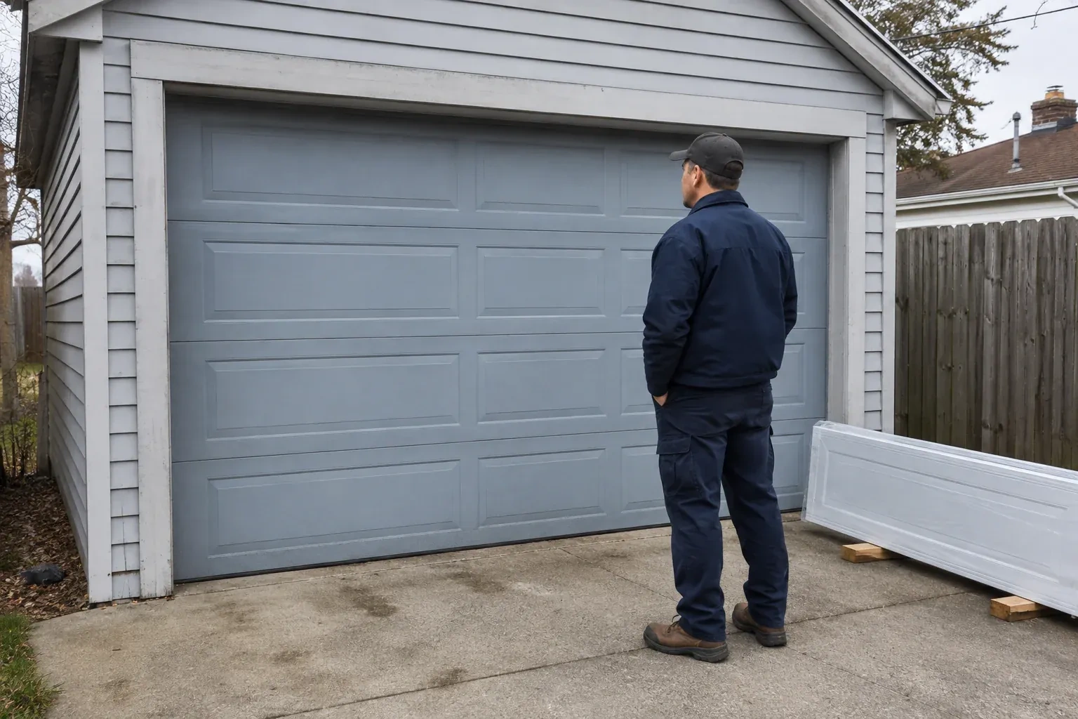 A person examines a blue-grey sectional garage door with a packaged door panel resting beside the driveway. — Sectional Garage Door Replacement, Waterloo