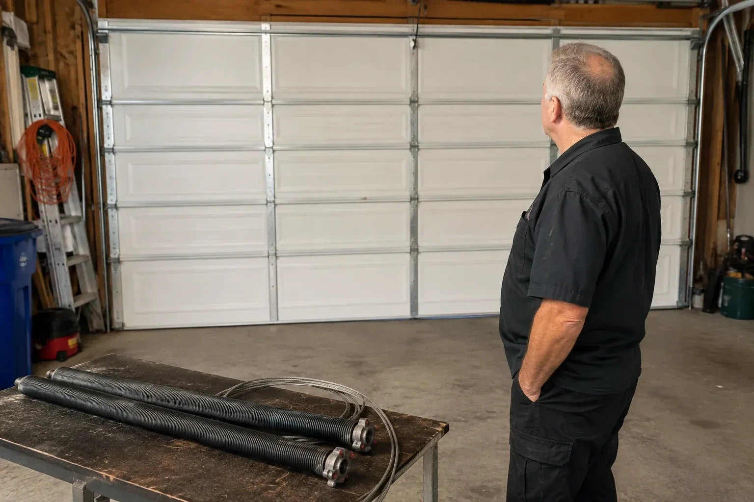 Detached coil springs with end fittings and a cable rest on a bench in front of a closed garage door. — Torsion Spring Replacement, Waterloo